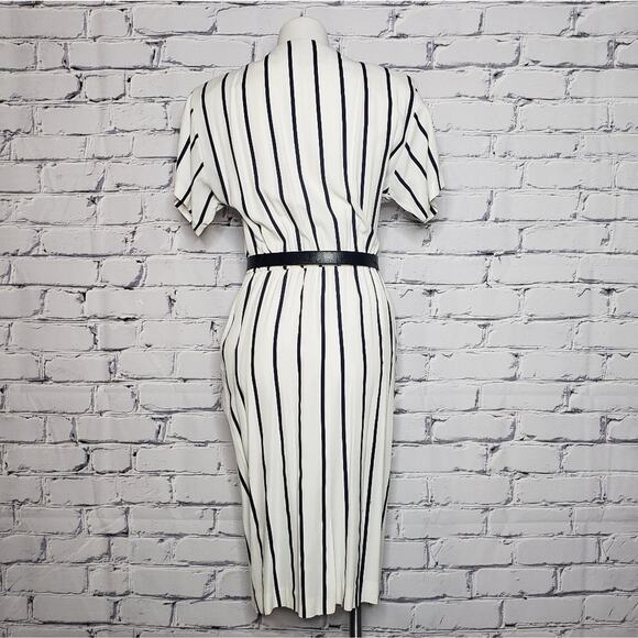 VTG 80s Navy Blue & White Stripe Dawn Joy Fashions Dress, sz 7/8 - Picture 4 of 8